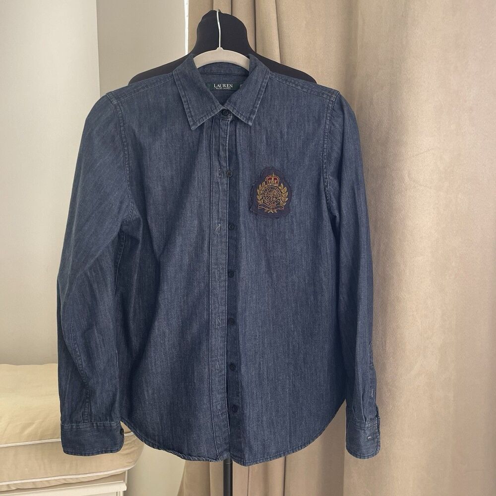 Lauren Ralph Lauren Dark Blue Denim Button-Down Shirt with Embroidered Crest